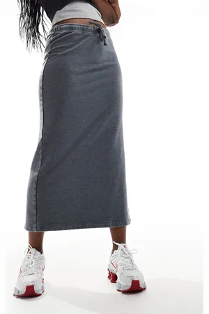 Monki Midi jogger skirt with split and drawstring waist in washed charcoal grey