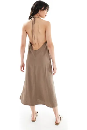 ONLY Linen mix halter neck midi dress in washed