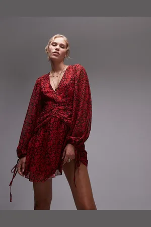 Topshop Ruch waist v neck mini tea dress in floral