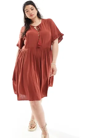 Yours Tie front midi dress in terracotta