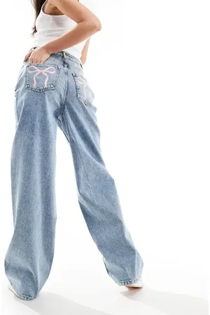 Miss Selfridge Bow pocket baggy jean in acid wash