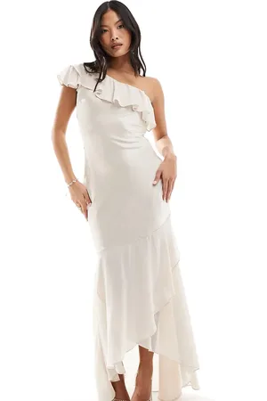 TFNC Bridesmaid satin one shoulder ruffle maxi dress in champagne