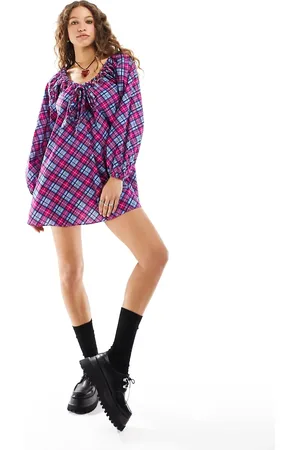 Glamorous Puff sleeve scoop neck bow detail smock dress in check