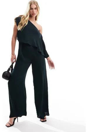 ASOS Fallen shoulder satin jumpsuit in petrol