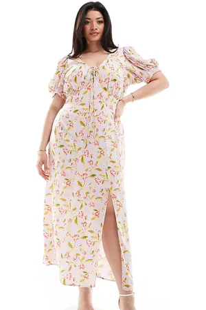 ASOS ASOS DESIGN Curve puff sleeve lace up midi dress in lilac print