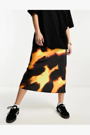 ASOS Satin bias midi skirt in dark yellow abstract print