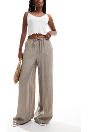 VERO MODA Textured drawstring waist wide leg trouser in taupe