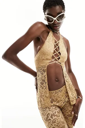 The Kript Halter neck corset front longline cami in tan lace co-ord