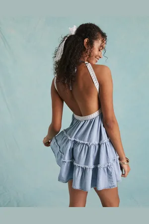 Miss Selfridge Denim tiered lace insert mini dress in acid wash
