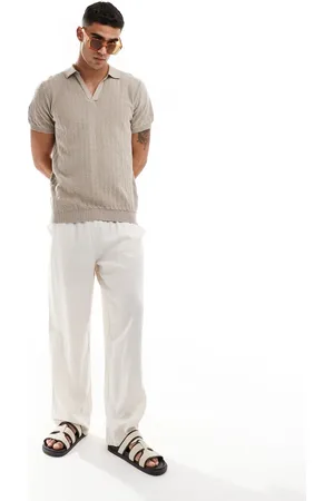 New Look Short sleeve textured stripe polo shirt in camel