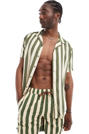 Hunky Trunks Beach shirt co ord in khaki and cream stripe