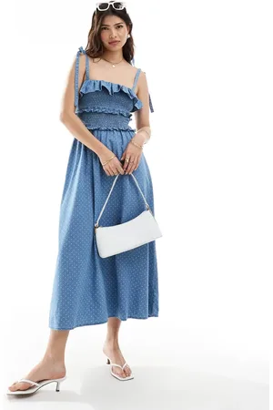 ASOS Denim maxi dress with frill detail in polka dot print