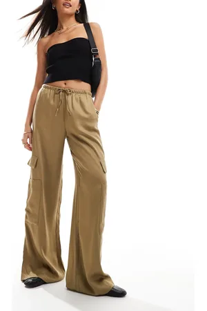 Bershka Tie waist utility wide leg trousers in khaki