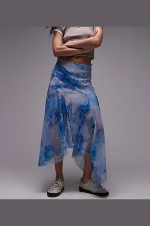 Topshop Asymmetric midi skirt in blue washed floral
