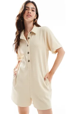 ASOS Boxy playsuit with shirt collar and half button placket in stone