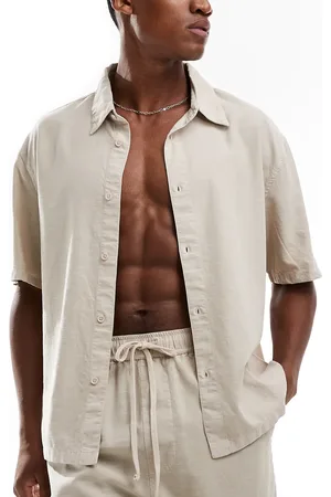 Bershka Linen look shirt co-ord in sand