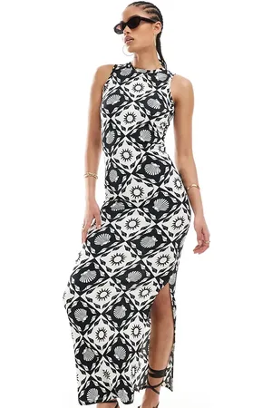 ONLY Racer neck tile print maxi dress in black and