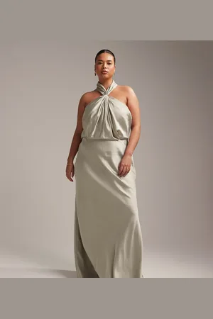 ASOS ASOS DESIGN Bridesmaid Curve satin ruched halter neck maxi dress in sage