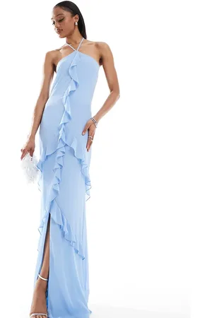 TFNC TFNC Bridesmaids Tall chiffon halterneck frill maxi dress in powder