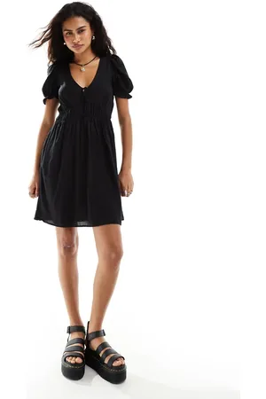 Monki Mini smock dress with puff sleeves in