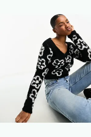 Monki Fluffy knit shrunken long sleeve sweater in mono floral jacquard