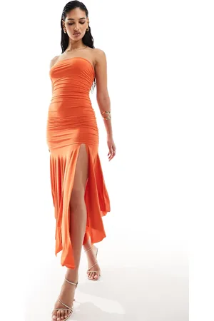 Kaiia Slinky bandeau ruched dropped waist hanky hem maxi dress in