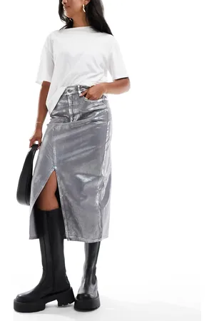 River Island Coated denim midi skirt in silver