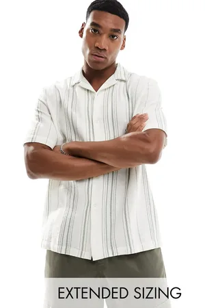 ASOS Relaxed revere shirt in basket weave stripe in green and