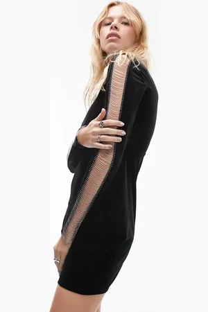 Topshop Long sleeve velvet mini dress with metallic chain trim