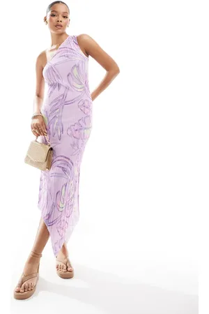 VERO MODA One shoulder plisse maxi dresss in pastel palm print