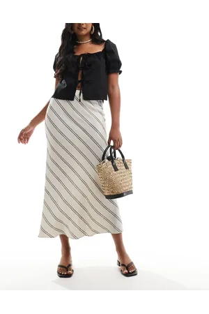 New Look Stripe bias midi skirt in cream