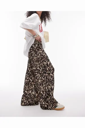 Topshop Abstract leopard crinkle plisse wide leg trouser in