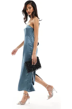 In The Style Bandeau satin bow detail midi dress in slate