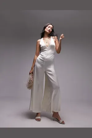 Topshop Lattice back wide leg jumpsuit in ivory