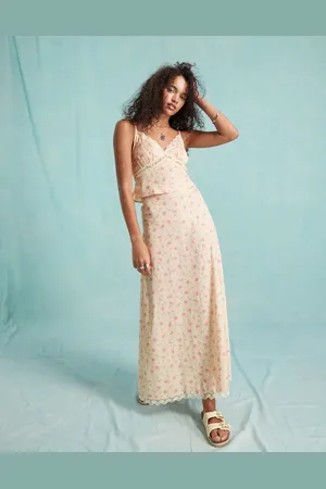 Miss Selfridge Western satin lace trim maxi skirt in ditsy