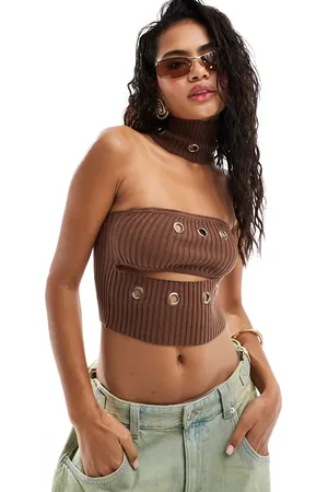 The Kript Knitted cut out top with eyelet detail in brown