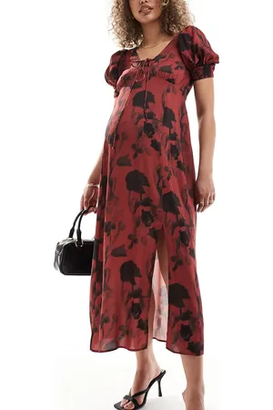 ASOS ASOS DESIGN Maternity puff sleeve lace up midi dress in rust print