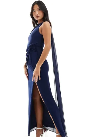 TFNC Bridesmaid chiffon fallen shoulder maxi dress with drape detail in navy