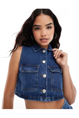 Threadbare Cropped denim waistcoat in mid wash