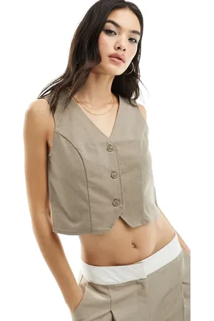 Monki Cropped single breasted waistcoat in beige