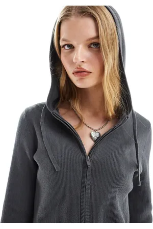 Monki Knitted zip through cardigan with hood in dark melange