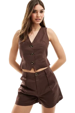 SNDYS Linen tie waist detail waistcoat co-ord in chocolate