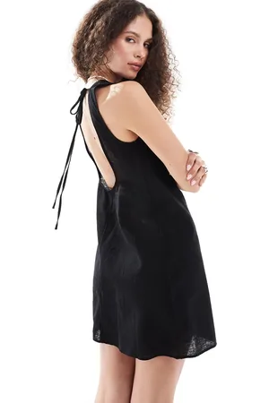 Monki Linen mini dress with open back and tie up detail in