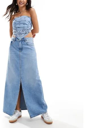 VERO MODA Split front denim midi skirt with washed pocket detail in medium