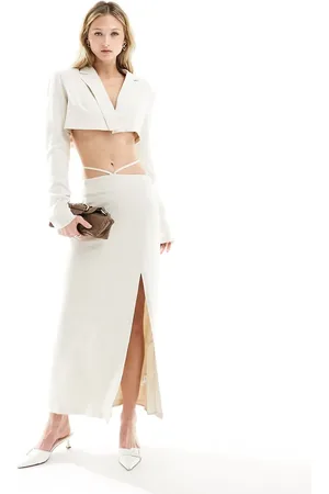 KYÒ The Brand linen look maxi split side tie waist maxi skirt co-ord in stone