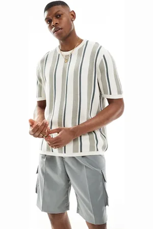 Bershka Knitted stripe t-shirt in khaki