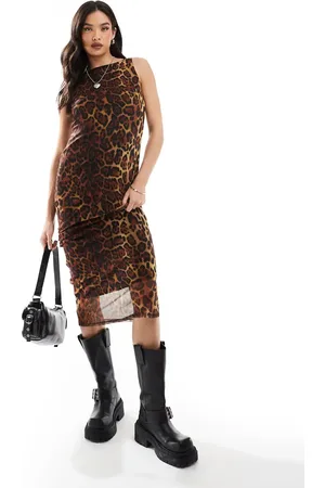 New Look Mesh slash neck midi dress in leopard print