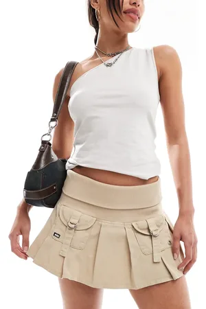 Minga London ribbed waist cargo pleated mini skirt in beige