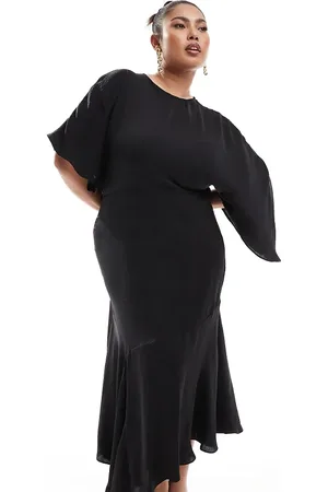 ASOS ASOS DESIGN Curve satin flutter sleeve asymmetric hem midi dress in