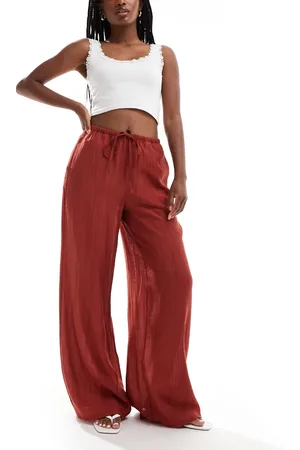 VERO MODA Textured drawstring waist wide leg trouser in rust